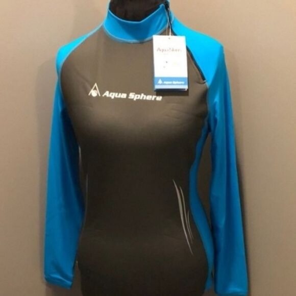 Aqua Skins Aqua Sphere Long Sleeve Swim Skin Top Wet Suit, Size M, Gray and Turq - Picture 1 of 7